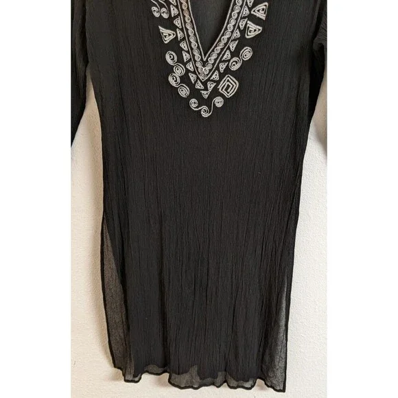 CHICO'S Women's Black Silk Embroidered Deep-V Cover-Up Beach Cruise 10/12 - Picture 6 of 11